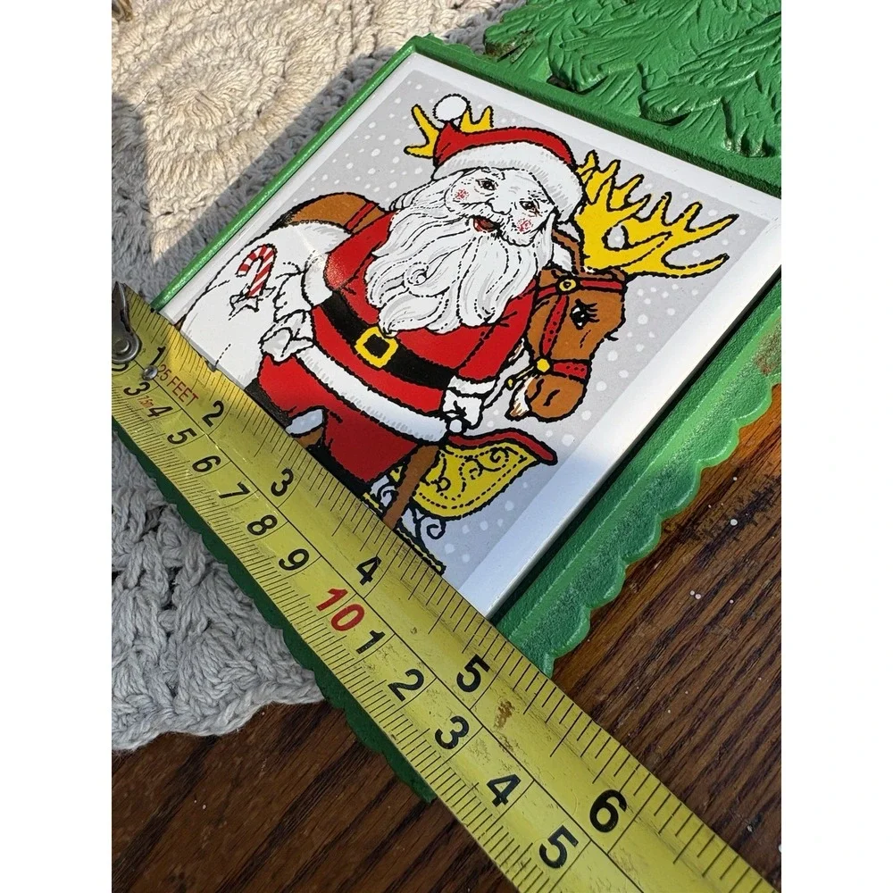 Vintage Santa Claus Ceramic Tile Trivet Hot Plate Green Cast Iron Christmas
